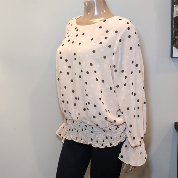 Adrianna Papell Polka Dot Blouse Sheer Layered Bell Flare Sleeve Smocked Hem Top - Picture 5 of 11